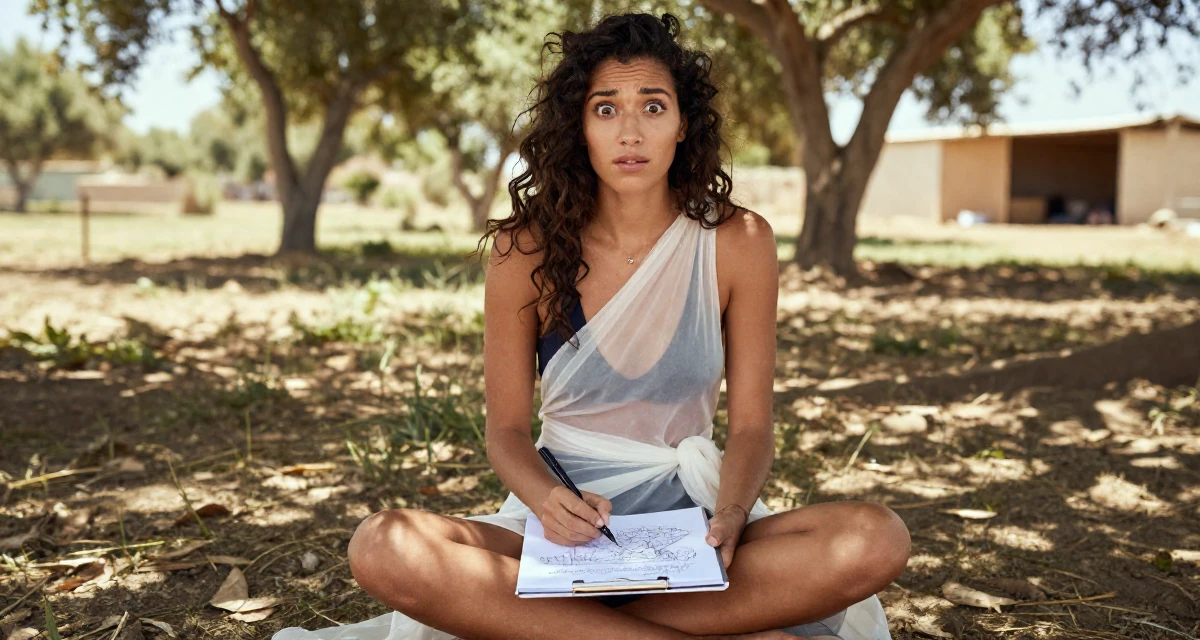 A positive Female From Libya, studied marine engineering in their 20, eyes wide with wonder and confusion, wearing a sheer sarong skirt over a swimsuit, sketching on a pad in a farm field.