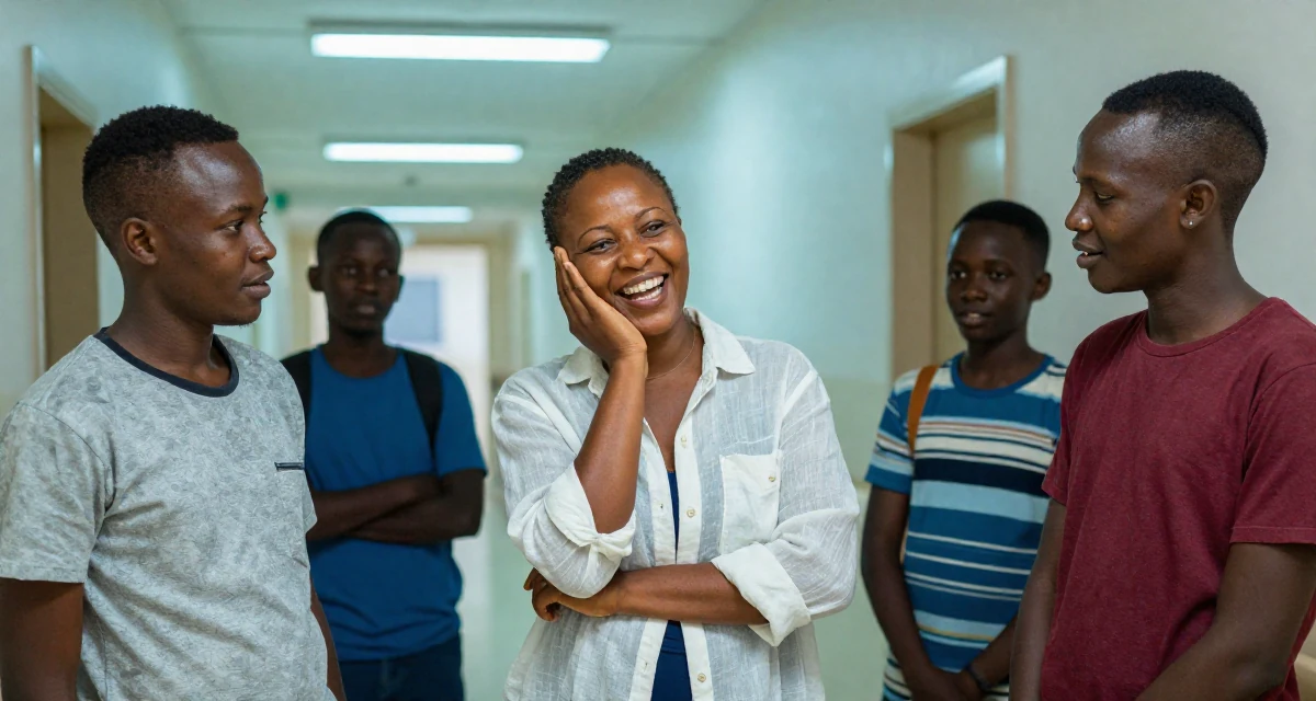 A passionate Female From Mombasa Kenya, studied hospitality in their 41, confident mother of teenagers sharing advice, wearing a translucent linen shirt worn over a swimsuit, laughing uncontrollably in a hospital corridor.