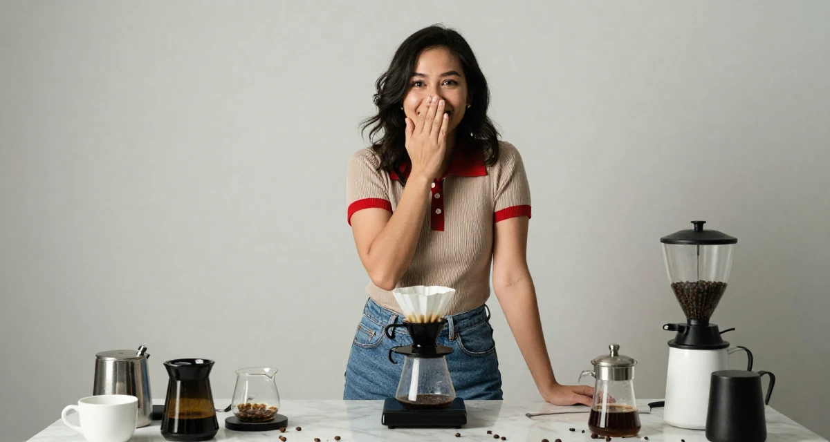 A expectant Female From Johor Malaysia, studied early childhood education in their 36, expert in coffee culture and brewing, wearing a retro 90s casual vibe, covering a laugh with one hand in a messy desk.