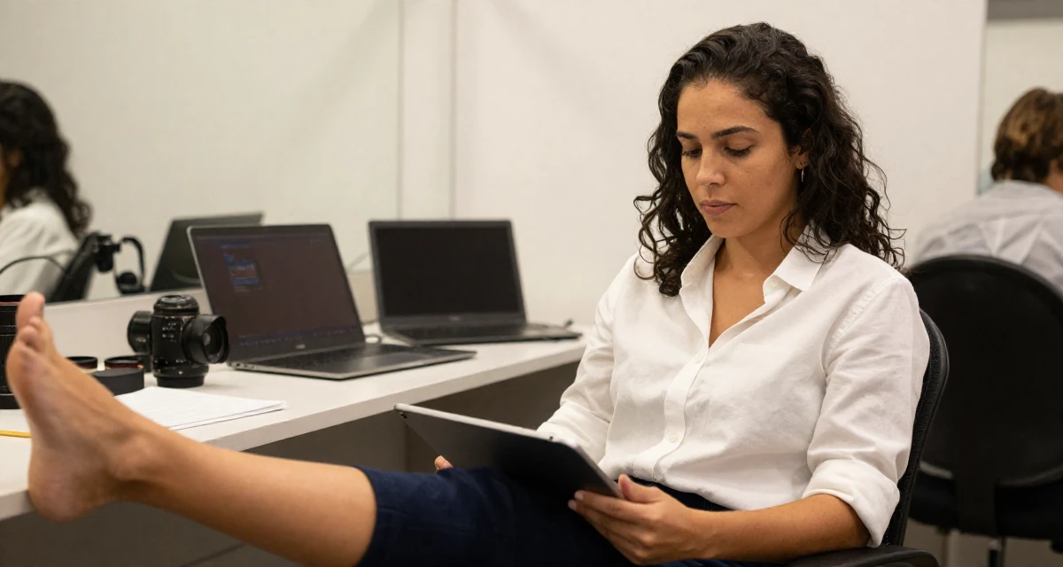 A steady Female From Brazil, majored in sociology in their 24, cutting off toxic relationships without guilt, wearing a crisp button-up with rolled sleeves, holding a tablet in a backstage dressing room.