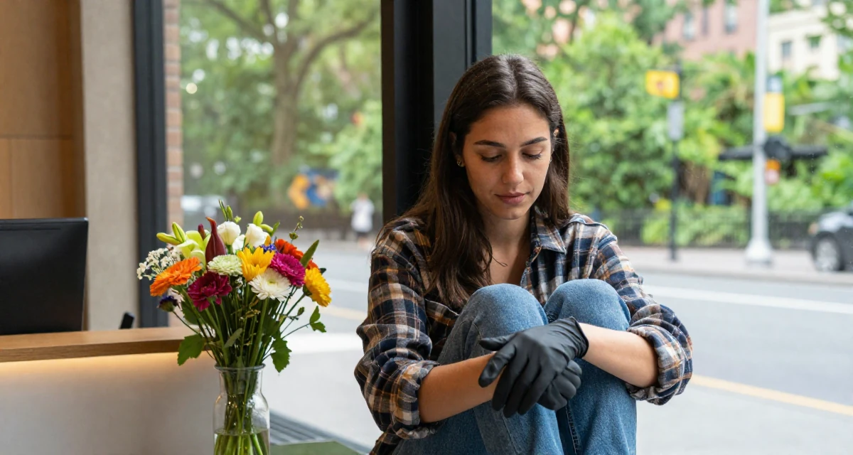 A elegant Female Former receptionist at a spa, now blending wellness with creator content in their 22, adjusting to the 9-to-5 routine after college, wearing a rugged flannel shirt and denim, removing a glove in a urban street.