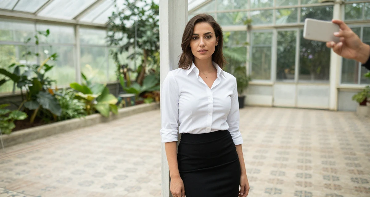 A quietly confident Female Once a high-school English tutor, now exploring sensual storytelling in their 39, recently moved to a new city, wearing a fitted white button-down shirt and a black pencil skirt, posing for a selfie in a greenhouse interior.