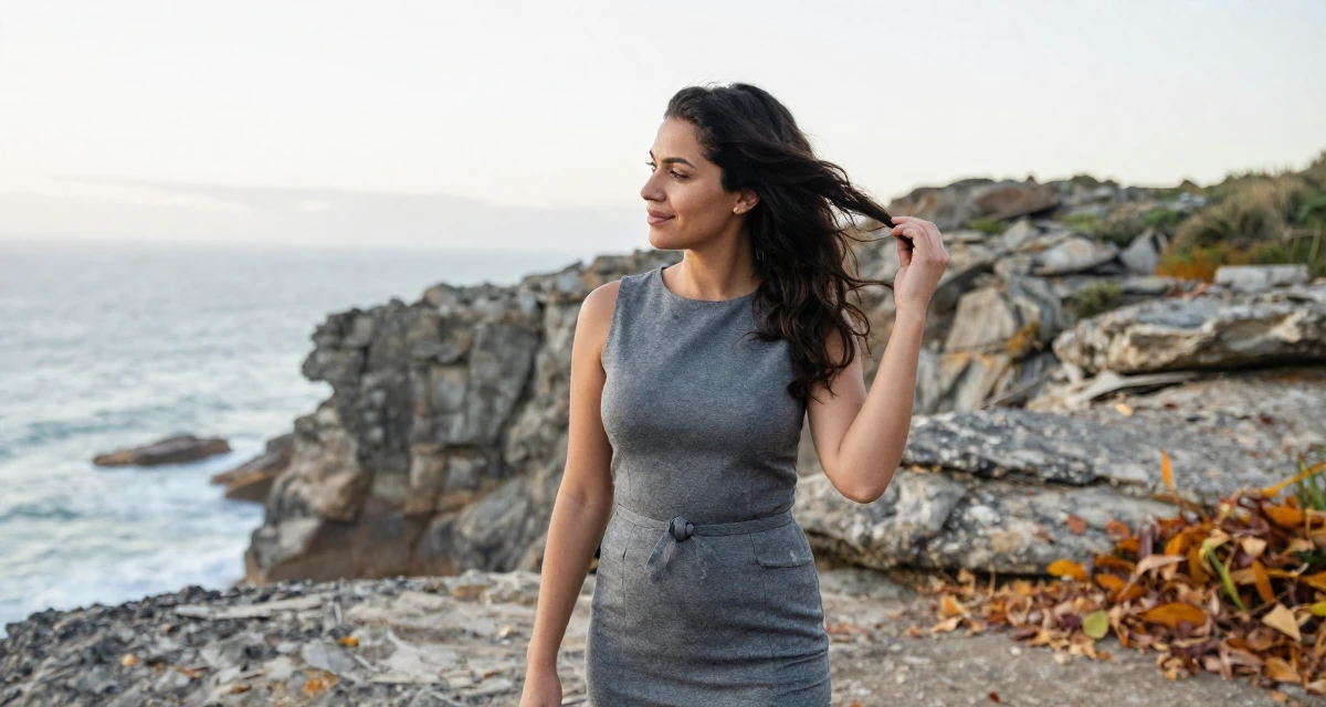 A satisfied Female Born in South Africa, studied political communication in their 24, mastering the art of work-life separation, wearing a fitted sleeveless shift dress with a belt, retouching hair volume in a rocky ocean cliff.