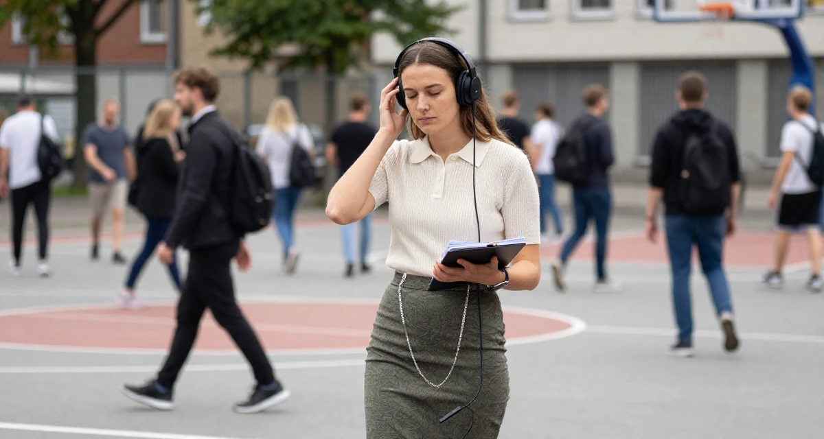 A timid Female From Berlin Germany, holds a degree in media engineering in their 23, learning that creativity doesn’t pay rent—consistency does, wearing a knitted polo shirt tucked into a midi skirt, adjusting headphones in a basketball court.
