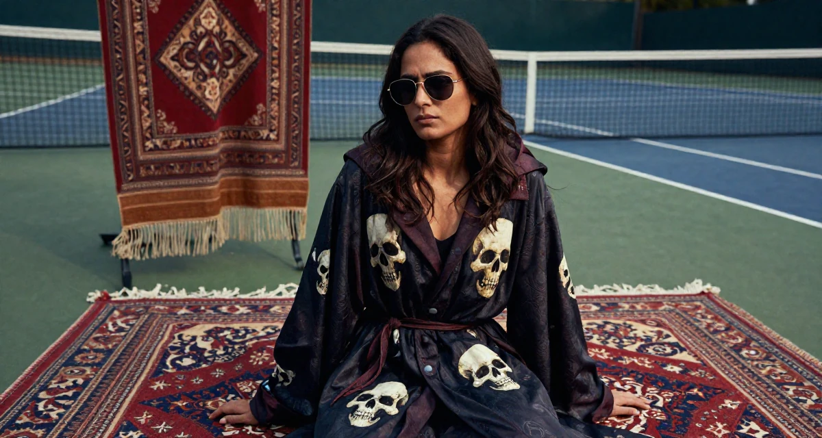 A unimpressed Female From India, studied biotechnology in their 43, creating a supportive space for menopause, wearing a dark fantasy necromancer robe with skull motifs, lowering sunglasses to look out in a tennis court.