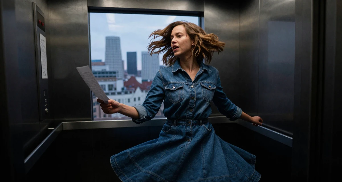 A spirited Female Grew up in the Czech Republic, studied digital film production in their 36, sharing tips for organizing a chaotic home, wearing a fashionable denim on denim, holding a piece of paper in a elevator hall.
