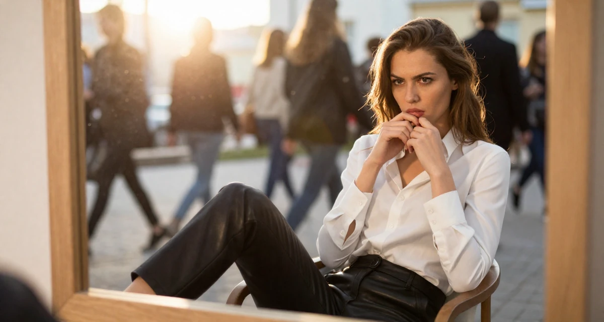 A mysterious Female Raised in Poland, majored in entrepreneurship studies in their 23, pretending everything is fine while barely covering bills, wearing a black leather trousers and a crisp white blouse, biting a lip thoughtfully in a vanity mirror.
