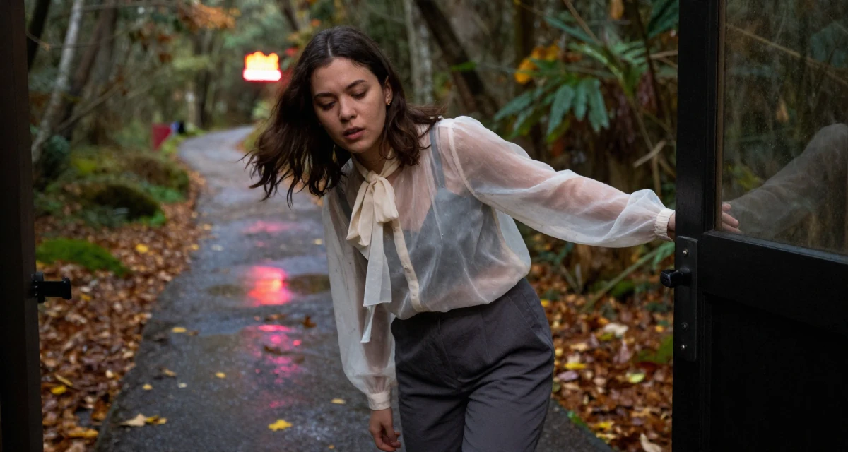 A bashful Female From Melbourne Australia, studied creative directing for social content in their 22, trying to grow without losing privacy or sanity, wearing a sheer chiffon blouse with a bow tie neck and slacks, leaning against a door in a mountain trail.