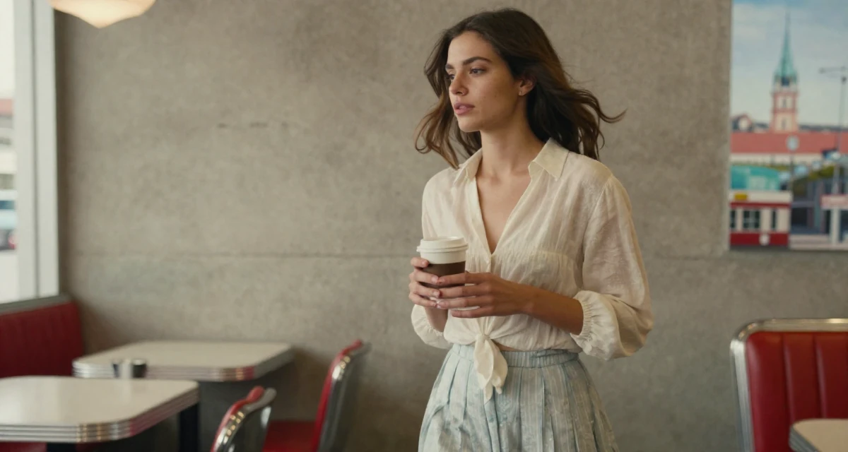 A wistful Female From Lyon France, studied fashion marketing in their 25, treating sensual content as art, not pressure, wearing a light and airy spring attire, holding a coffee cup with both hands in a retro 50s diner.