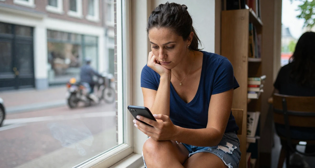 A deeply absorbed Female From the Netherlands, based in Utrecht, graduated from a creative academy majoring in UX design in their 34, advocating for eco-friendly parenting, wearing a deep v-neck t-shirt and distressed denim shorts, checking a notification on a phone in a cozy reading nook by a window.