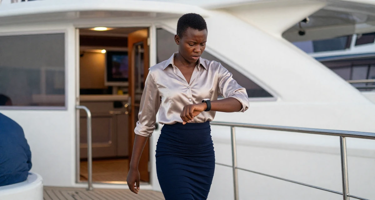 A impatient male Born in Kenya, majored in mathematics education in their 22, facing early rejection and learning from it, wearing a tight pencil skirt and a tucked-in silk blouse, checking a wristwatch in a yacht deck.