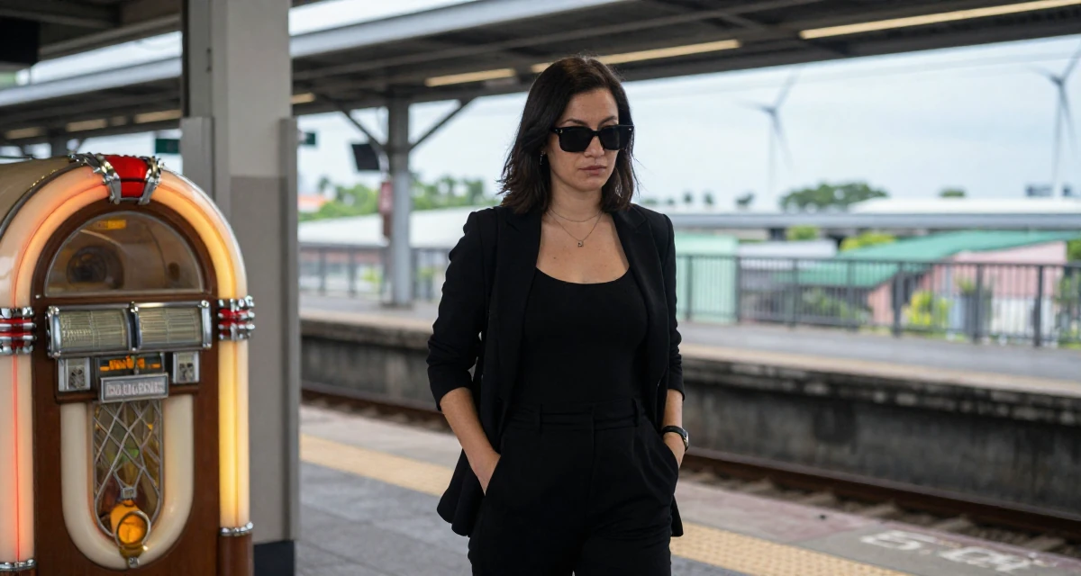 A zoned out Female From Singapore, holds a degree in data science in their 24, choosing props that elevate sensual tension, wearing a black jumpsuit with a blazer style top, lowering sunglasses to look out in a train platform.