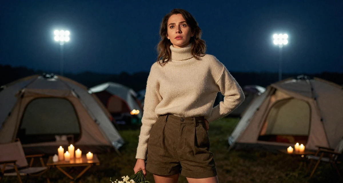 A distracted Female From Serbia, based in Niš, graduated from a media program majoring in intimate persona development in their 30, rebuilding self-worth beyond content performance, wearing a turtleneck sweater tucked into high-waisted shorts, holding a bouquet in a camping site.