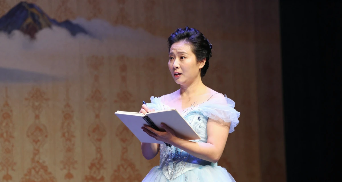 A subtly surprised Female From China, majored in journalism in their 35, glowing with the wisdom of experience, wearing a snow queen gown with ice crystal details, writing in a notebook in a theater stage.