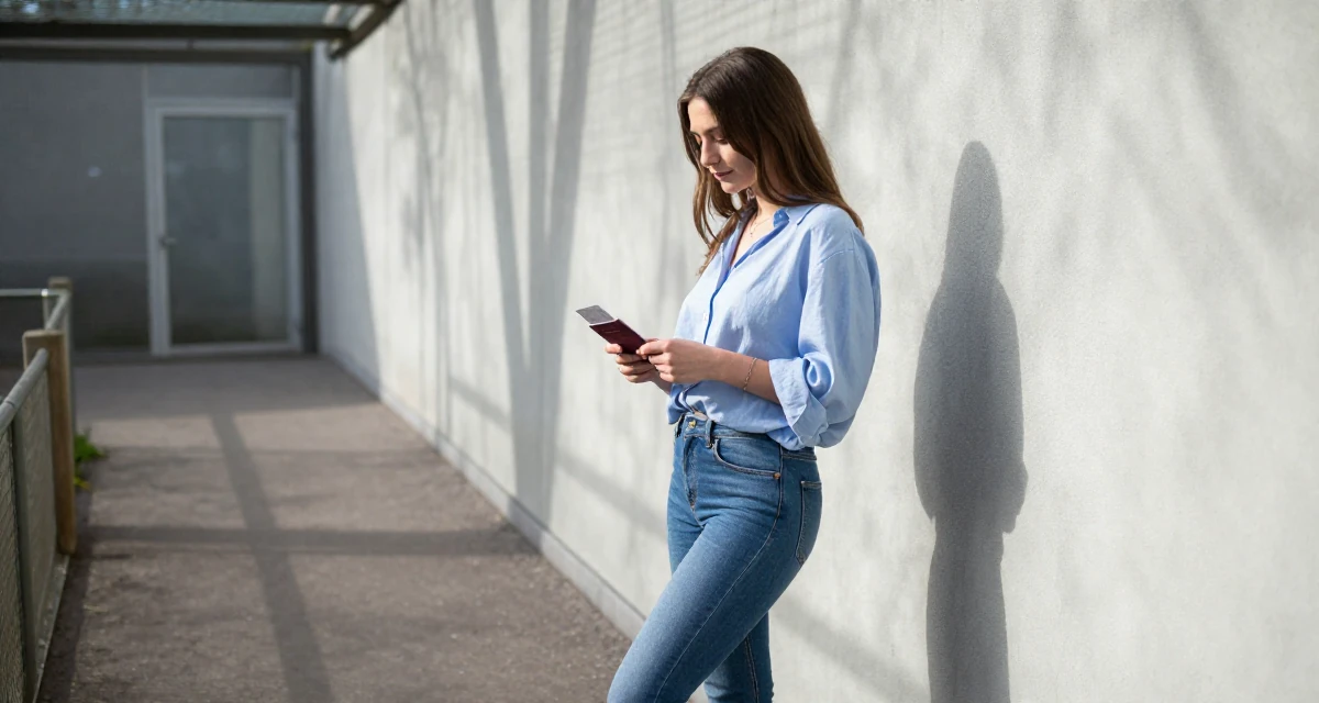 A placid Female From Estonia, based in Tartu, graduated from a state university majoring in digital culture in their 20, exploring identity through bold fashion choices, wearing a loose fitting blouse tucked into tight jeans, holding a passport or ticket in a zoo enclosure path.