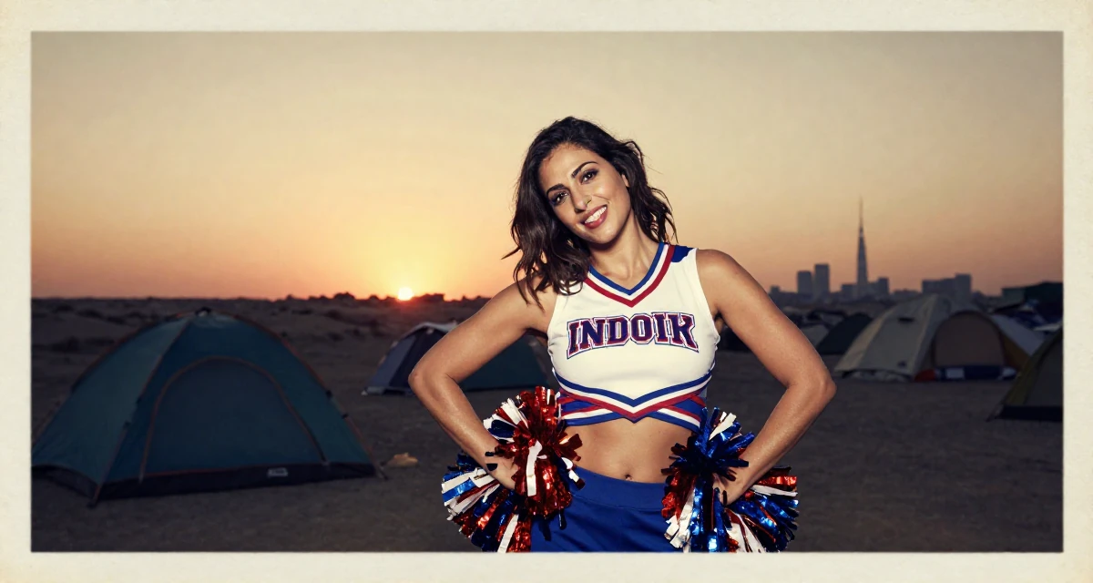 A enthusiastic Female Grew up in Saudi Arabia, studied visual merchandising in their 34, ex-corporate lawyer turned yoga instructor, wearing a cheerleader uniform with a cropped top and pom-poms, leaning head on a hand in a camping site.