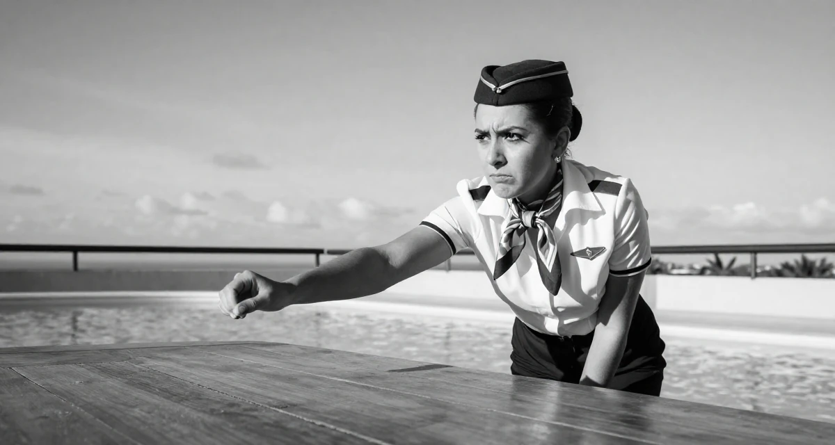 A sarcastic Female From Córdoba Argentina, studied emotional storytelling in photography in their 23, masking anxiety behind playful posts, wearing a flight attendant uniform with a silk scarf, leaning on a railing in a swimming pool deck.