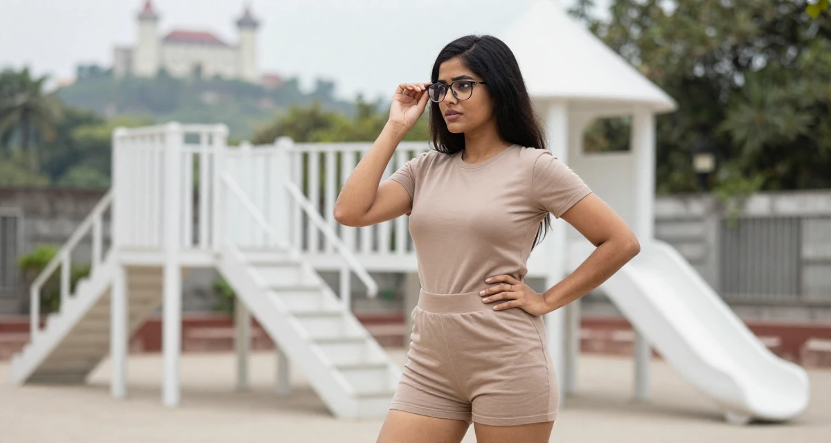 A sultry Female From Mumbai India, studied film production in their 38, handling long working hours, wearing a cotton jersey romper that fits tightly, adjusting glasses in a school playground.