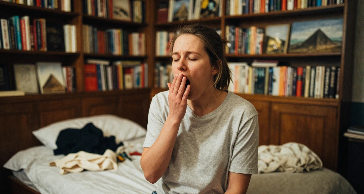 A hopeful Female From Helsinki Finland, practiced emotional expression through self-portrait art in their 22, building early fan loyalty through replies and messaging, wearing a soft organic cotton clothing, yawning discreetly in a vintage bookstore.