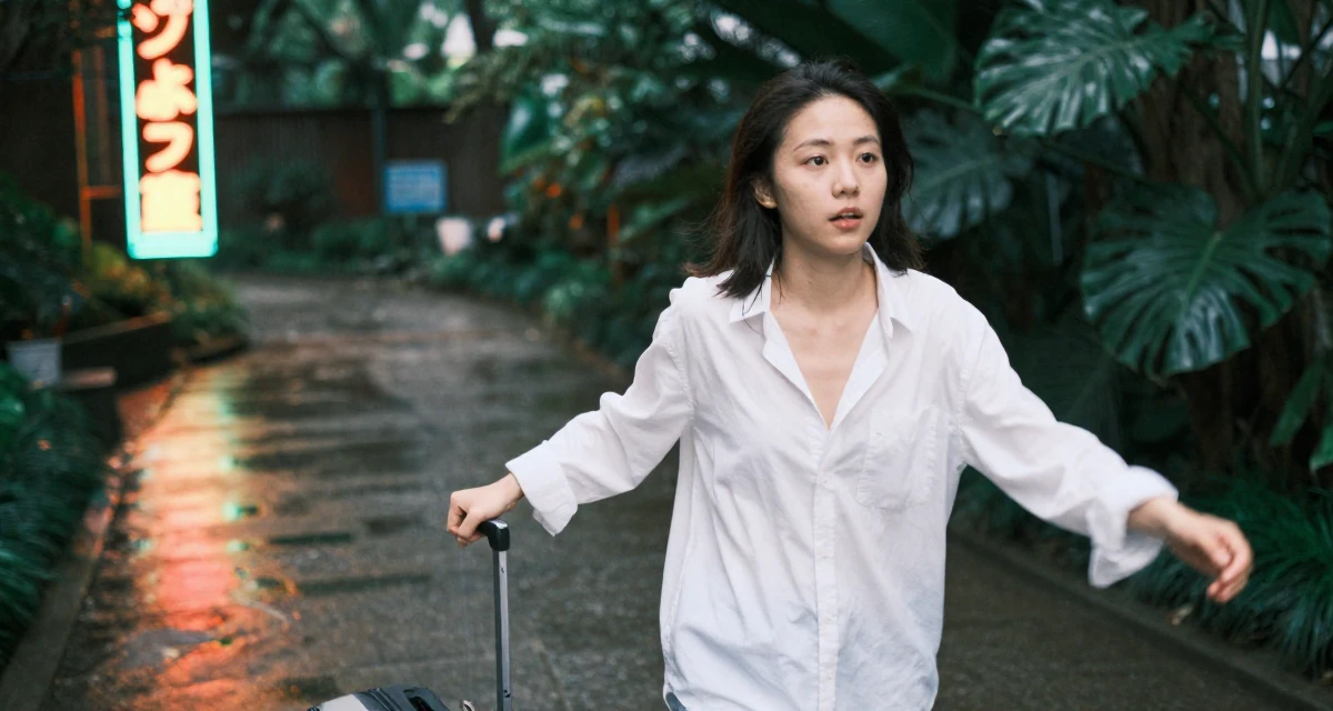 A magnetic Female From Wuhan China, learned social media branding through indie projects in their 22, determined to prove their worth quickly, wearing a white shirt unbuttoned to the chest, pulling a suitcase in a zoo pathway.