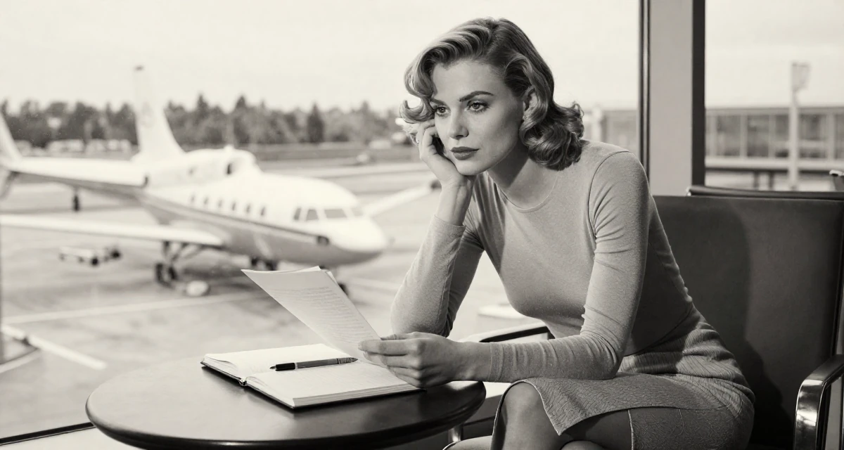 A thoughtful Female From Sweden, studied sociology in their 38, investing in real estate and passive income, wearing a tight long-sleeve bodysuit and a slit midi skirt, turning a page in a airport terminal.