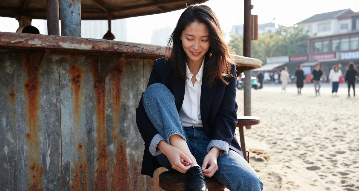 A hopeful Female From Chengdu China, self-taught photographer with nightlife roots in their 26, learning to endure hate comments quietly, wearing a business casual outfit with jeans and a blazer, looking down at shoes in a beach bar.