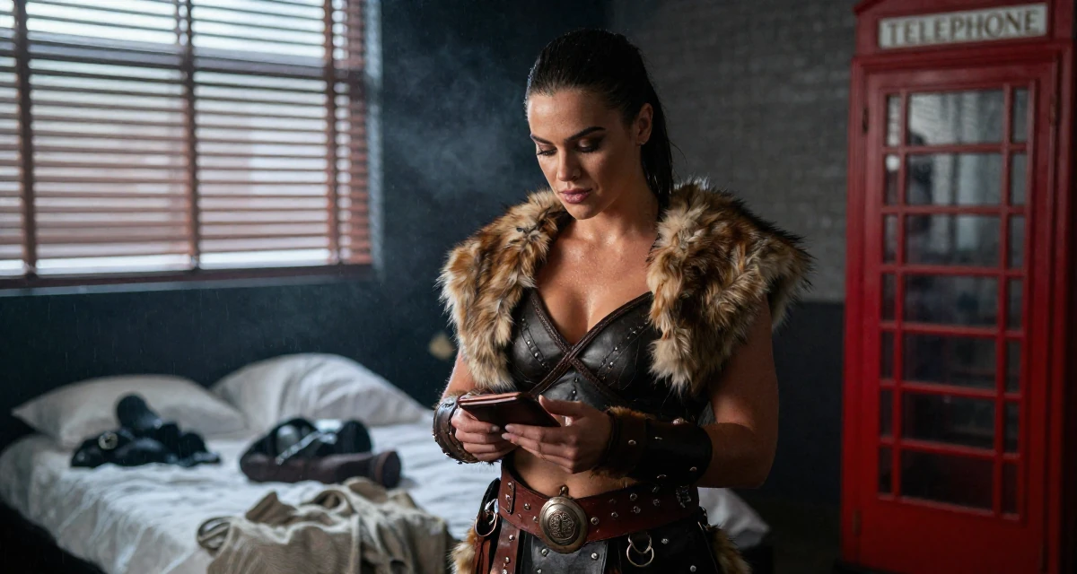 A quietly confident Female From Australia, studied event management in their 21, focused intensely on fitness and glow-up culture, wearing a barbarian warrior outfit with faux fur and leather, checking a wallet in a yoga studio.