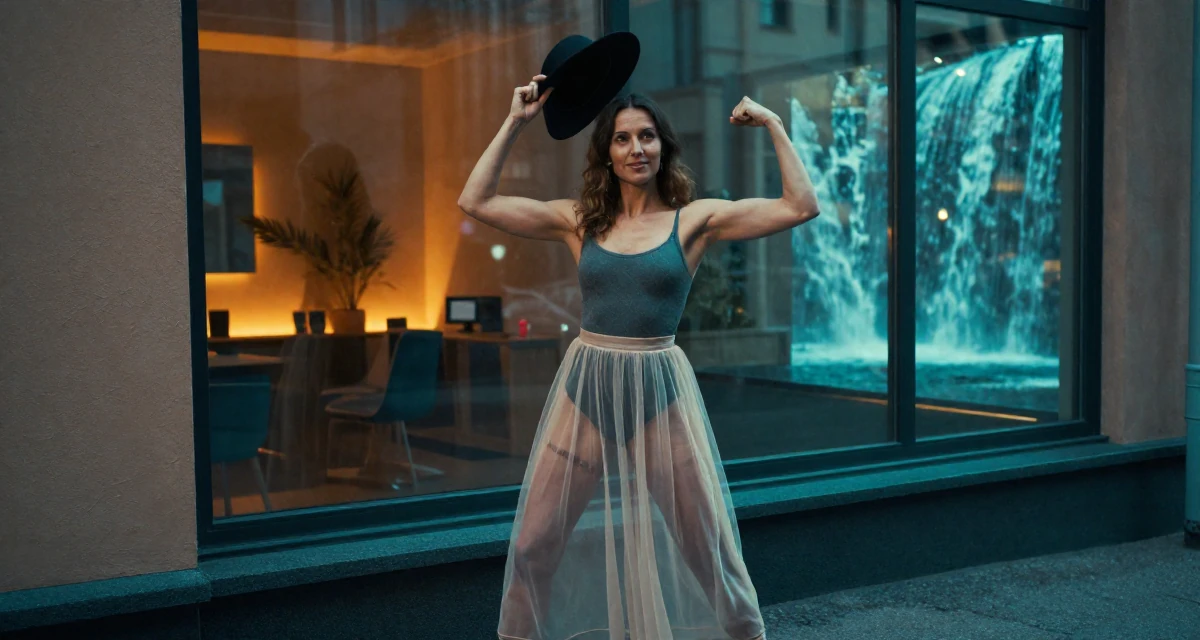 A satisfied Female From Finland, based in Espoo, graduated from a design institute majoring in atmospheric lighting arts in their 25, forcing productivity during slow months, wearing a sheer maxi skirt with a bodysuit underneath, holding a hat in a neon-lit street.