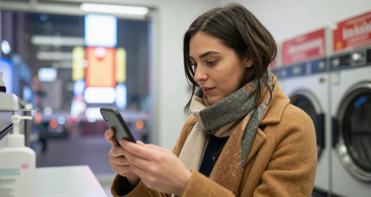 A alert and attentive Female Former spa receptionist, now blending beauty with calm-aesthetic content in their 22, joining creator communities for tips and support, wearing a layered autumn coat and scarf, inspecting an object in a laundromat.