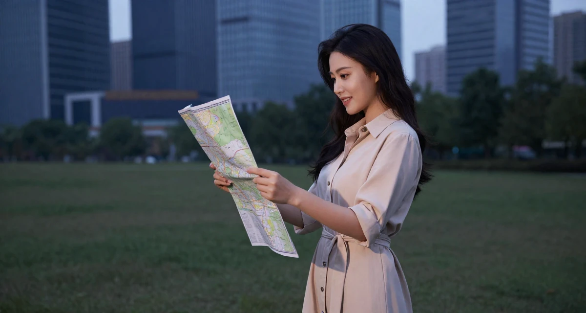 A inspired Female Previously a construction worker, now documenting strength-expressive lifestyle in their 25, learning lighting tricks that highlight sensual curves safely, wearing a belted shirt dress with rolled sleeves, looking at a map in a grassy field.