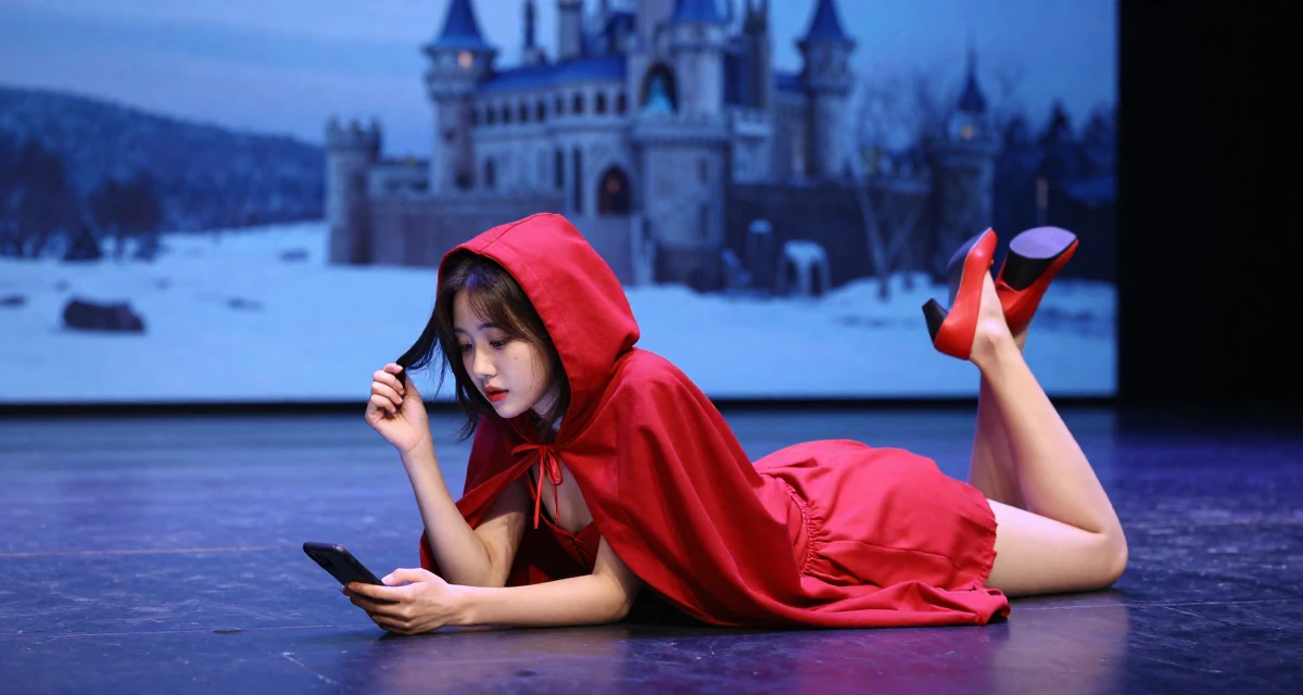 A dazed Female From South Korea, studied textile design and fashion in their 20, spending too much time scrolling social media, wearing a red riding hood inspired cape and corset dress, twirling a lock of hair in a empty theater stage.