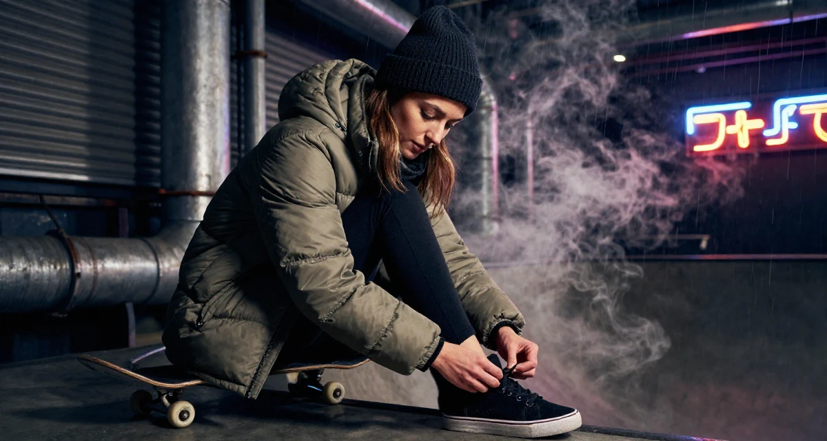 A bewitching Female From Scotland, studied game design in their 25, stabilizing monthly income and planning long-term strategy, wearing a warm puffer jacket and beanie, tying a shoelace in a skate park.