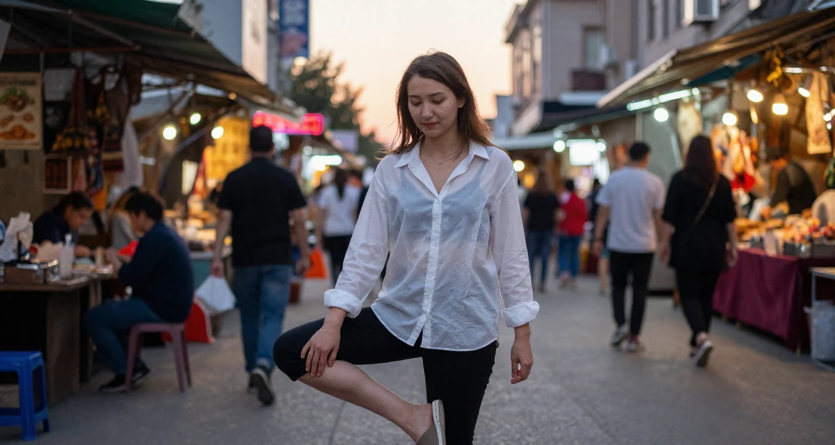 A peaceful Female From Kazakhstan, based in Almaty, graduated from a state university majoring in journalism in their 22, feeling imposter syndrome in office meetings, wearing a translucent white blouse and a dark bra underneath, tapping a foot in a neon-lit street.