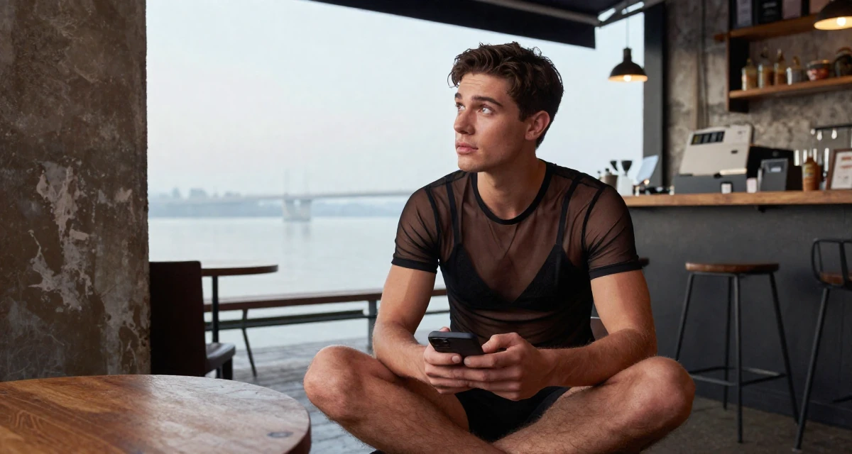 A observant male Once a swimwear shop clerk, now modeling her own collections in their 22, forcing confidence even on days with no energy, wearing a sheer mesh top layered over a black bralette, reading a text message in a trendy coffee shop.