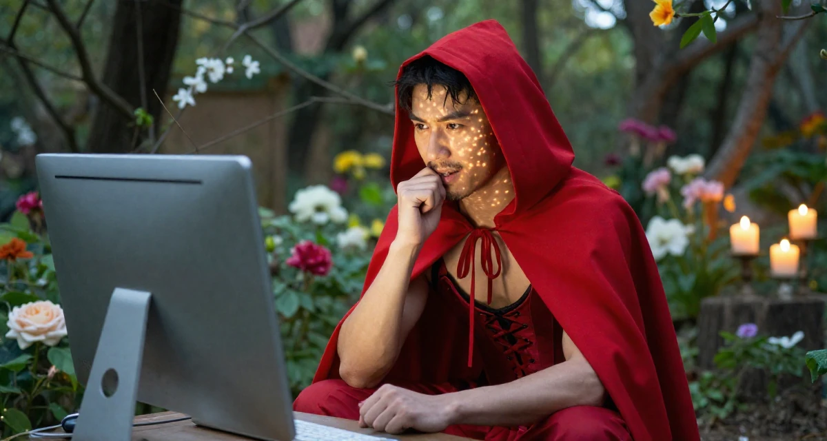 A triumphant male From ChangSha China, holds a degree in human resource management in their 25, feeling established in their chosen field, wearing a red riding hood inspired cape and corset dress, biting a lip thoughtfully in a blooming flower garden.
