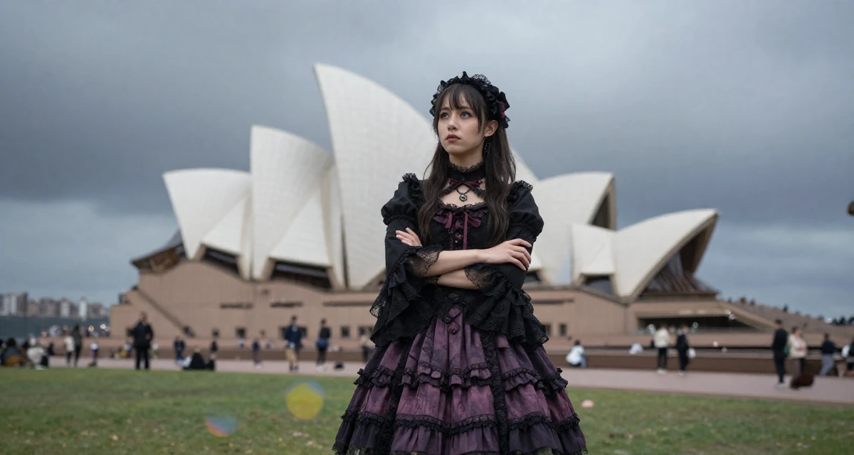 A nostalgic Female From Amsterdam Netherlands, studied creative business in their 25, learning to balance creativity with subscriber expectations, wearing a elaborate gothic lolita dress with frills and lace, shifting weight impatiently in a quiet park.