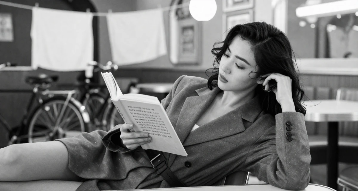 A melancholic yet beautiful Female From Taiwan, based in Taichung, graduated from an arts academy majoring in visual storytelling in their 34, reviewing books and sharing reading lists, wearing a oversized blazer worn as a dress with a belt, brushing hair away from the face in a retro 50s diner.