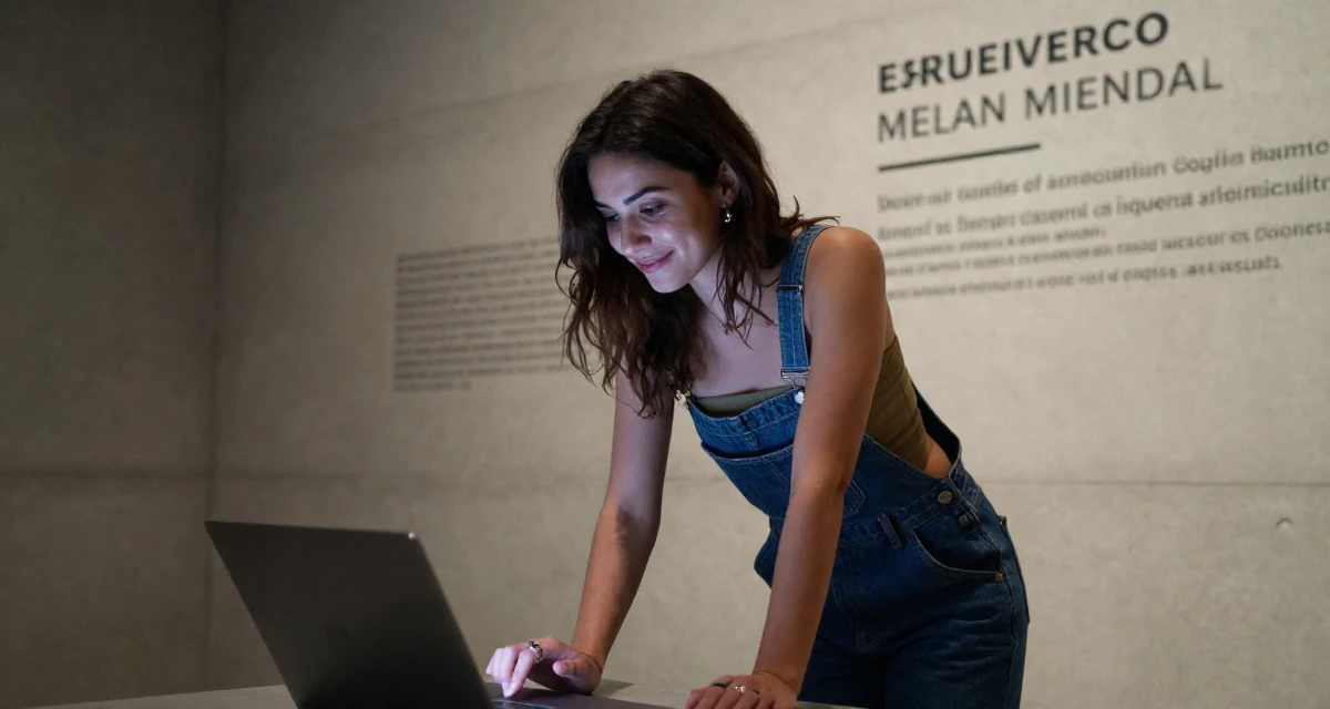 A smiling gently Female From Italy, based in Milan, graduated from a design school majoring in sensual visual communication in their 23, shifting from impulsiveness to intentional planning, wearing a tube top and oversized denim overalls with one strap down, playing with a ring on a finger in a museum exhibit.