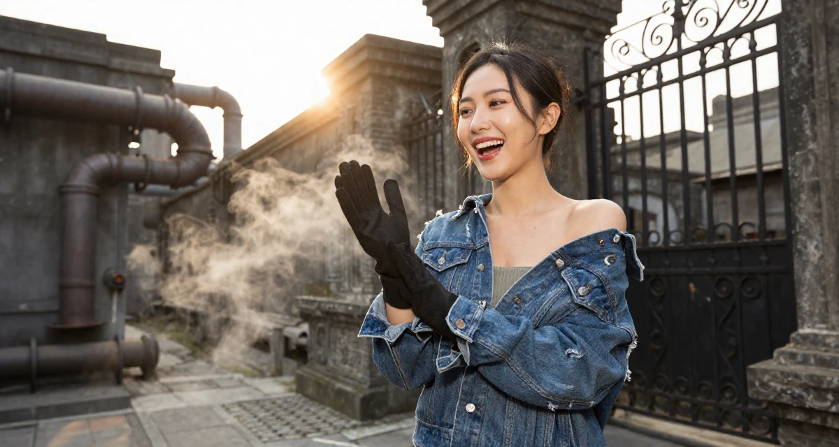 A ecstatic Female From China, based in Chengdu, graduated from a vocational college majoring in digital communication in their 42, interior designer with a classic aesthetic, wearing a denim jacket worn off-shoulder over a tube top, removing a glove in a ancient stone ruins.