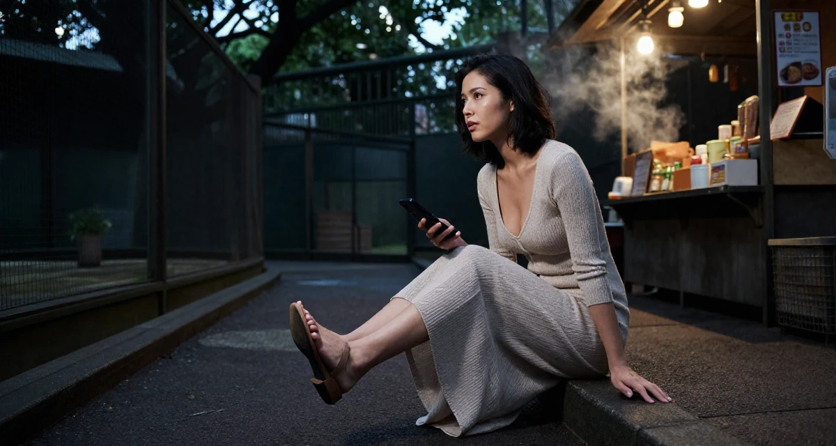A proud and dignified Female From Tokyo Japan, majored in literature in their 25, learning to deal with unsolicited feedback online, wearing a soft knit dress with a plunging neckline, tapping a foot in a zoo enclosure path.