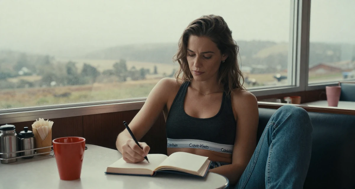 A proud Female From Copenhagen Denmark, majored in architecture in their 33, expert in productivity and time management, wearing a classic calvin klein style sports bra and jeans, writing in a journal in a retro 50s diner.