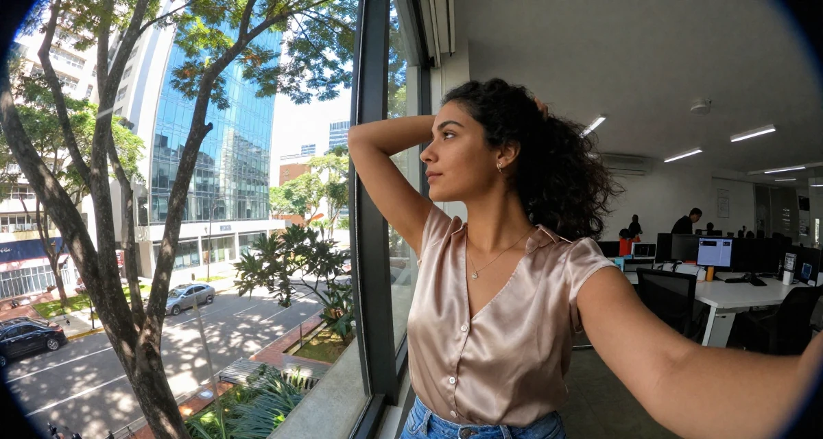 A elegant Female From Brazil, trained in physical therapy in their 21, enjoying the peak of carefree student life, wearing a soft silk blouse and jeans, looking out the window in a busy coworking space.