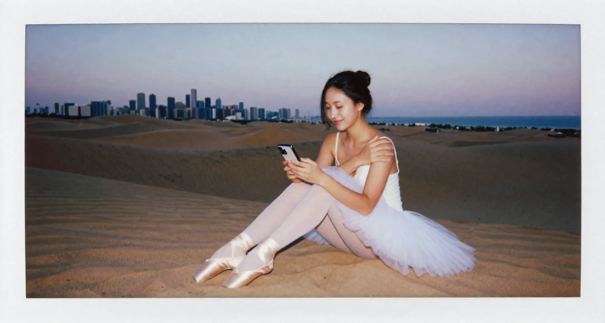 A friendly Female From Mexico, majored in global trade in their 22, planning themed sensual shoots for better consistency, wearing a ballet tutu and satin pointe shoes, scrolling casually in a desert sand dunes.