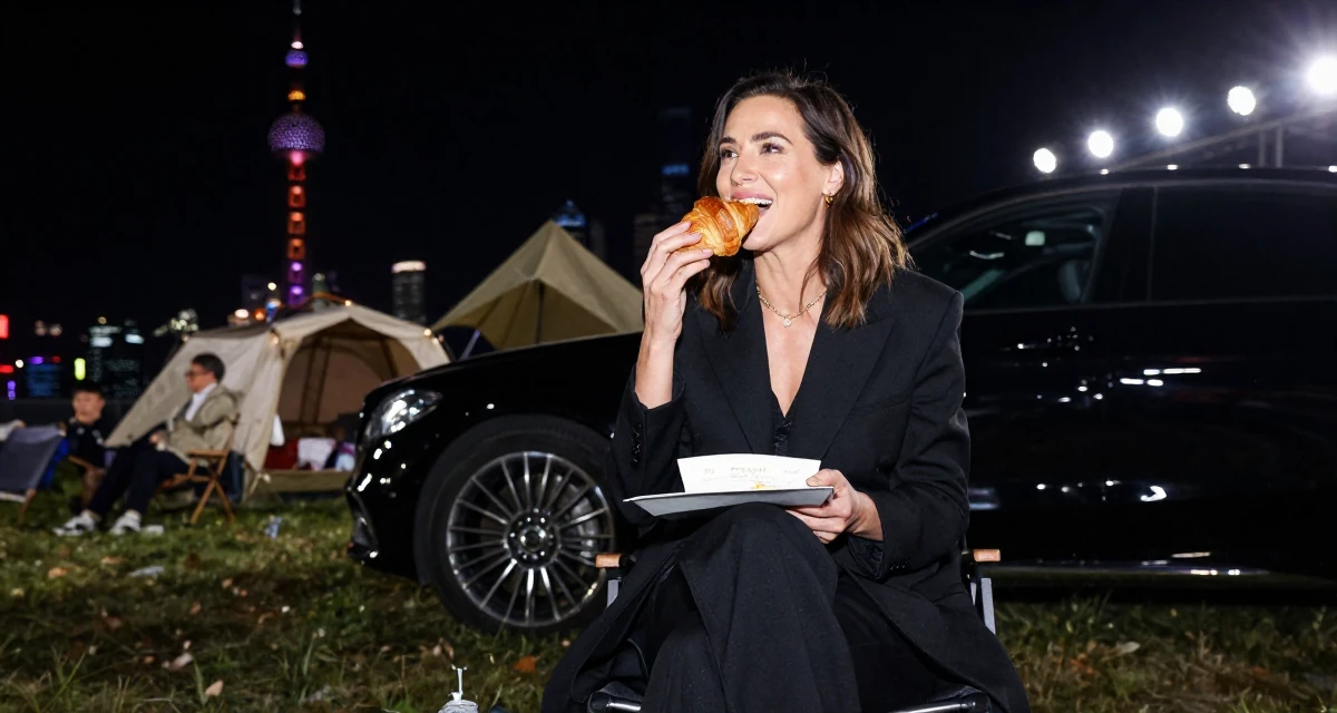 A satisfied Female From Canada, has a diploma in graphic design in their 40, sharing the joy of adoption and family, wearing a monochromatic black outfit, eating a croissant in a camping site.
