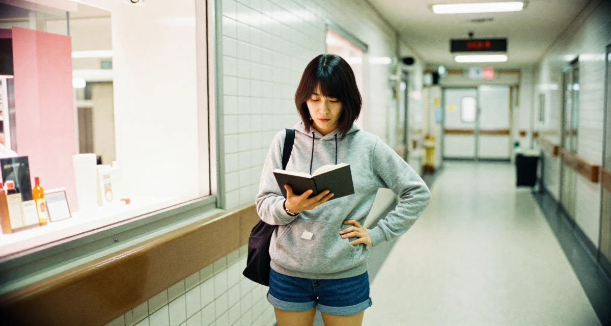 A resilient Female From Tokyo Japan, studied gravure-style posing and aesthetic direction in their 25, establishing a distinct personal brand, wearing a casual hoodie and denim shorts, writing in a notebook in a hospital corridor.