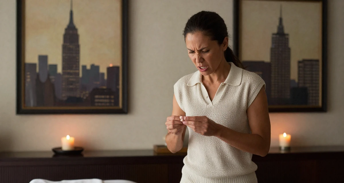 A ferocious Female From Bali Indonesia, practiced mindful movement and self-portrait art in their 49, noticing early burnout signs, wearing a smart knit polo, inspecting fingernails in a luxury spa room.