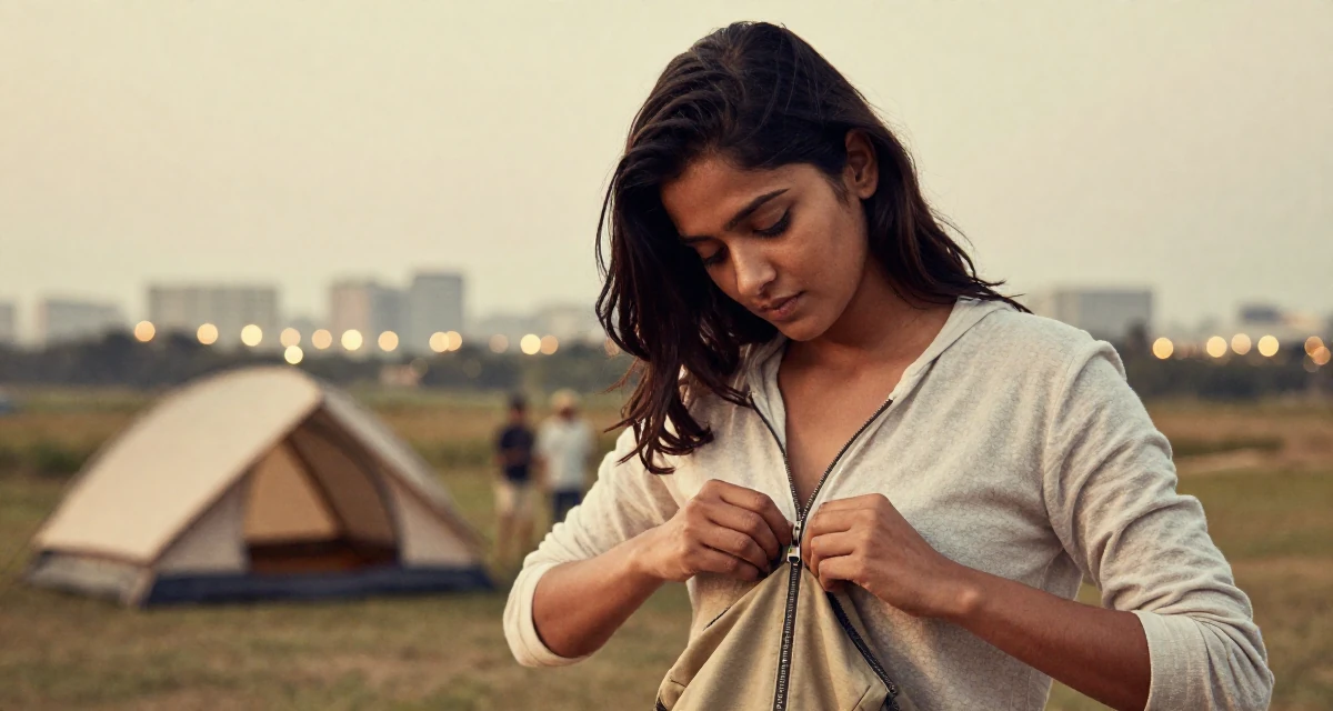 A coy Female From India, studied biotechnology in their 22, responding to fans while keeping emotional distance, wearing a soft organic cotton clothing, zipping up a bag in a camping site.