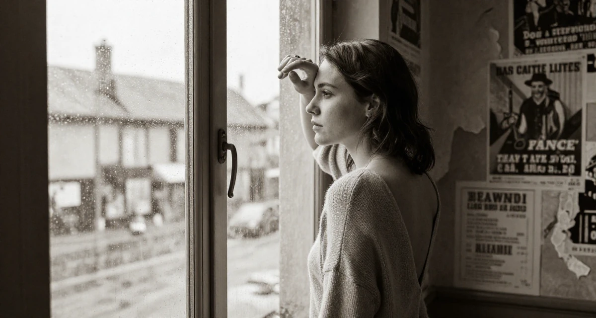 A disinterested Female From France, studied fashion design in their 23, staring pensively out a rain-streaked window, wearing a open-back sweater showing the spine, shading eyes from the sun in a concert hall.