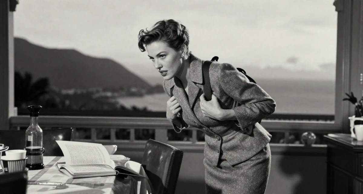A intense and captivating Female Former library assistant, now creating cozy reading-corner aesthetics in their 30, recovering workaholic learning to relax, wearing a grey wool skirt suit with a fitted jacket, adjusting a backpack strap in a dining room.