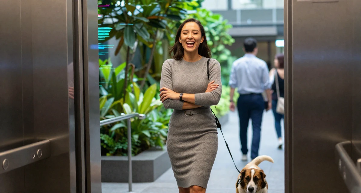 A triumphant Female From Singapore, has a degree in business management in their 25, discovering early creative passions, wearing a form-fitting sweater dress with a belt, walking a dog (leash visible) in a corporate elevator.